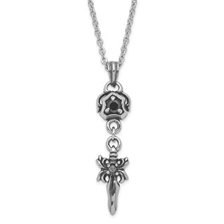 Stainless Steel Antiqued & Polished w/ Black CZ Sword Necklace