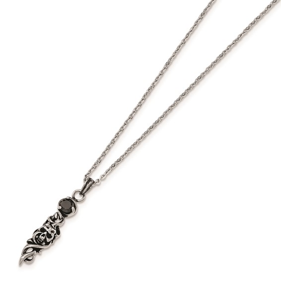 Stainless Steel Antiqued and Polished Black CZ Skull Necklace