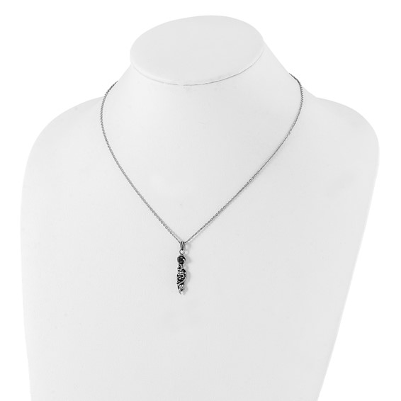 Stainless Steel Antiqued and Polished Black CZ Skull Necklace