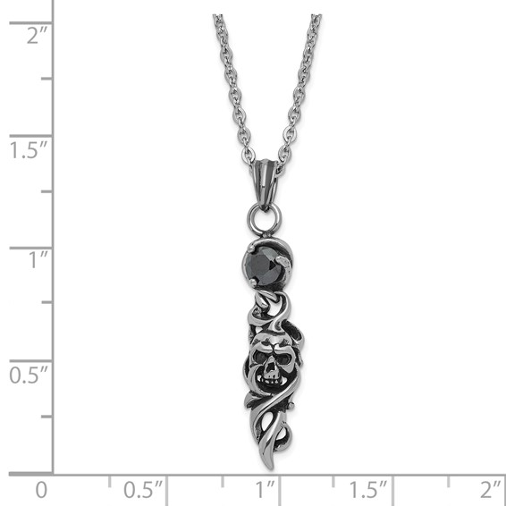 Stainless Steel Antiqued and Polished Black CZ Skull Necklace