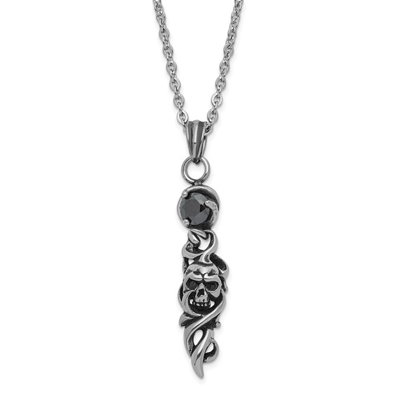 Stainless Steel Antiqued and Polished Black CZ Skull Necklace