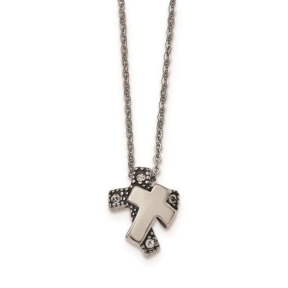 Stainless Steel Antiqued and Polished w/ Crystals Cross Necklace