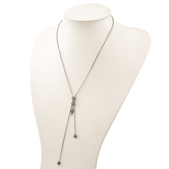 Stainless Steel Polished & Antiqued CZ Gothic Hearts & Sword Adjustable Necklace