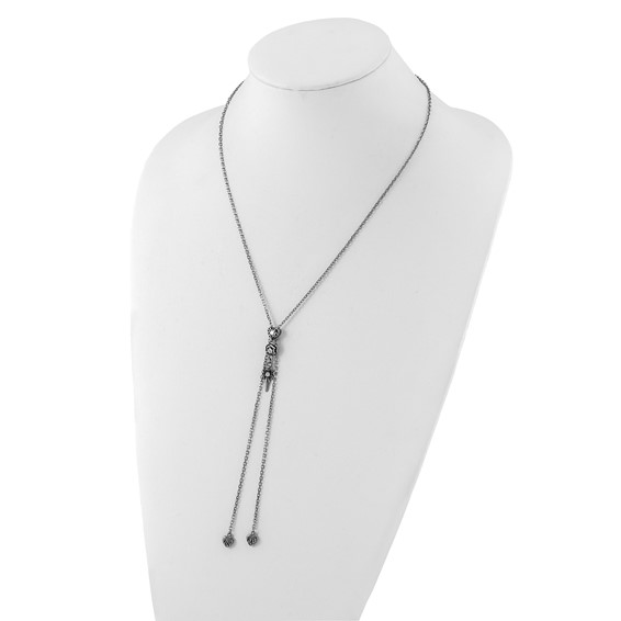 Stainless Steel Polished & Antiqued CZ Gothic Hearts & Sword Adjustable Necklace