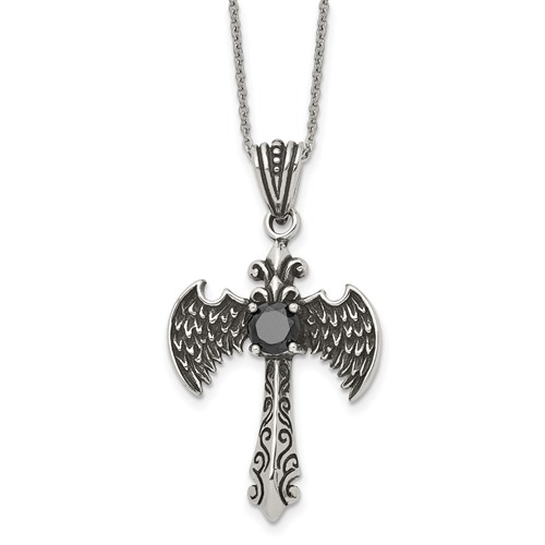 Stainless Steel Antiqued and Polished Black CZ Cross Necklace with Wings