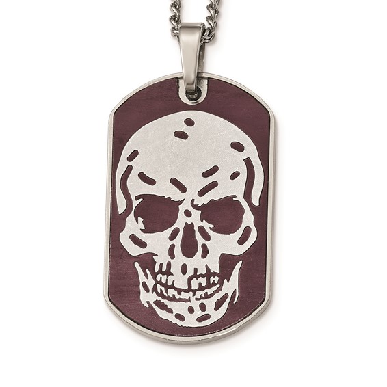 Stainless Steel Polished Brown IP-plated Skull Dog Tag 24 inch Necklace