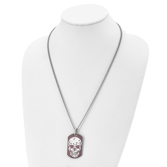 Stainless Steel Polished Brown IP-plated Skull Dog Tag 24 inch Necklace