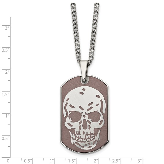 Stainless Steel Polished Brown IP-plated Skull Dog Tag 24 inch Necklace