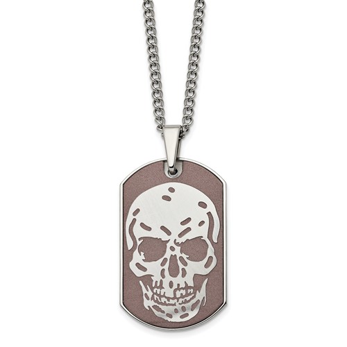 Stainless Steel Polished Brown IP-plated Skull Dog Tag Necklace, 24"
