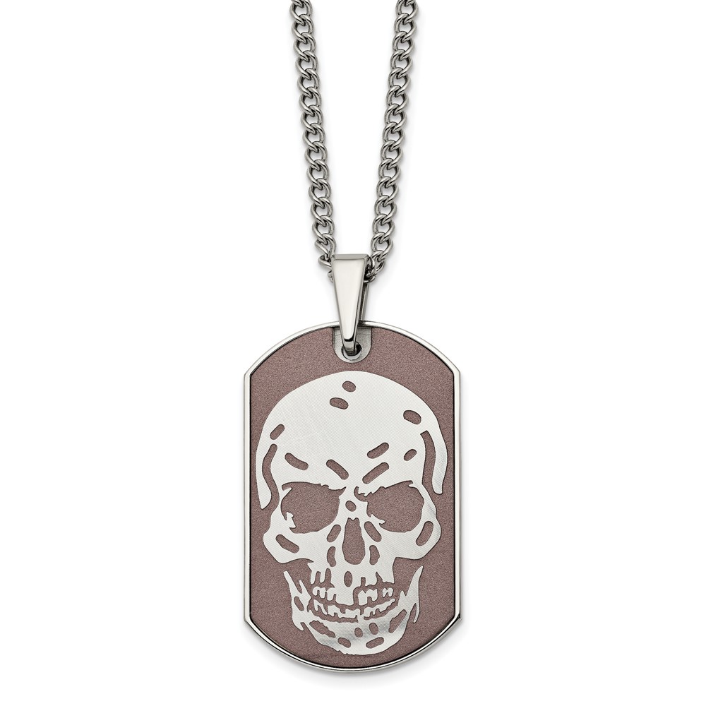 Stainless Steel Polished Brown IP-plated Skull Dog Tag 24 inch Necklace