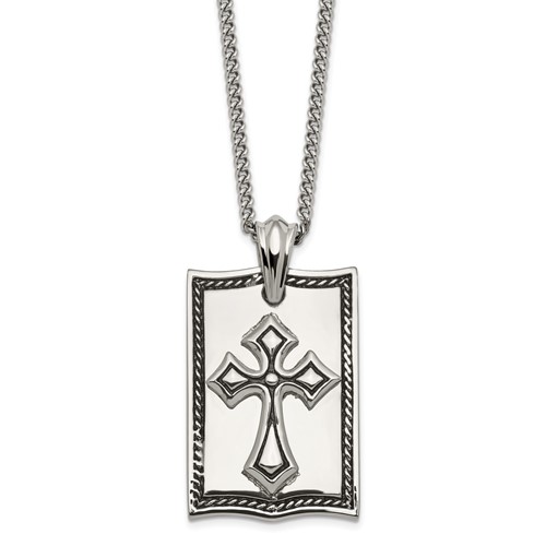 Stainless Steel Antiqued and Polished Cross Dog Tag Necklace, 24"