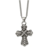 Stainless Steel Antiqued Polished and Textured Cross Necklace, 24" view 3