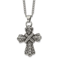 Stainless Steel Antiqued Polished and Textured Cross Necklace, 24" view 1