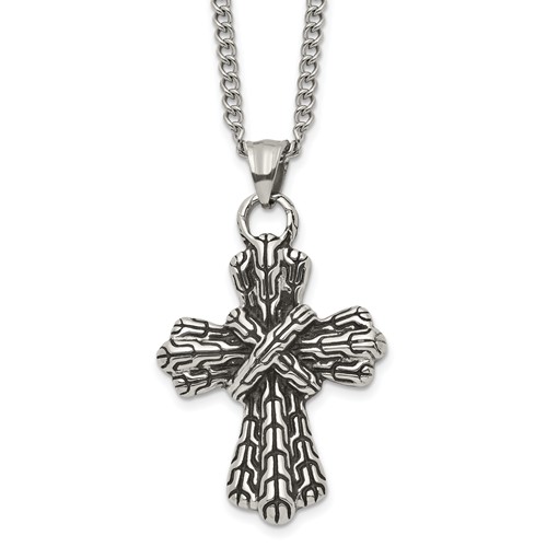 Stainless Steel Antiqued Polished and Textured Cross Necklace, 24"