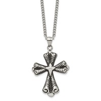 Stainless Steel Antiqued Polished and Textured Cross Necklace, 24" view 3