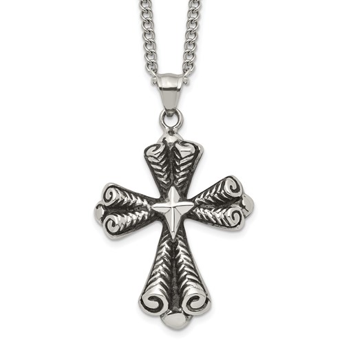 Stainless Steel Antiqued Polished and Textured Cross Necklace, 24"