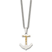 Chisel Stainless Steel Polished Necklace with 14K Gold Crucifix Anchor Pendant on a Curb Chain, 24" view 3