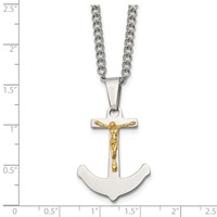 Chisel Stainless Steel Polished Necklace with 14K Gold Crucifix Anchor Pendant on a Curb Chain, 24" view 5
