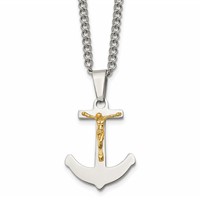 Chisel Stainless Steel Polished Necklace with 14K Gold Crucifix Anchor Pendant on a Curb Chain, 24" view 1