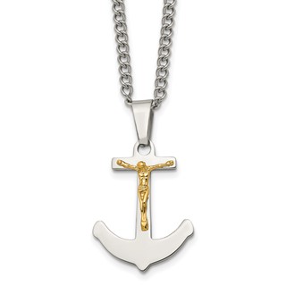 Chisel Stainless Steel Polished with 14k Gold Crucifix Anchor Pendant on a 24 inch Curb Chain Necklace