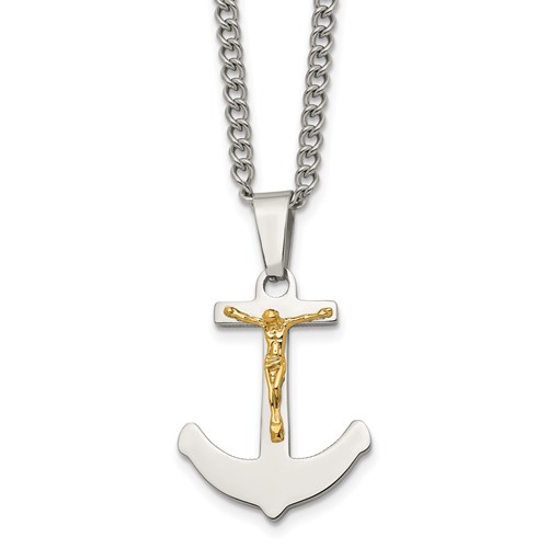 Chisel Stainless Steel Polished Necklace with 14K Gold Crucifix Anchor Pendant on a Curb Chain, 24"