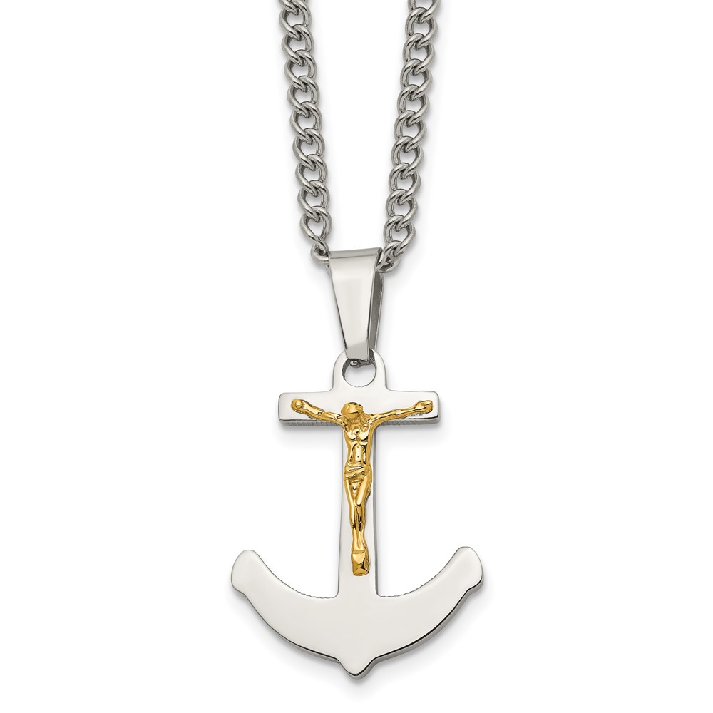 Stainless Steel w/14k Gold Crucifix Anchor NecklaceSRN1929-24