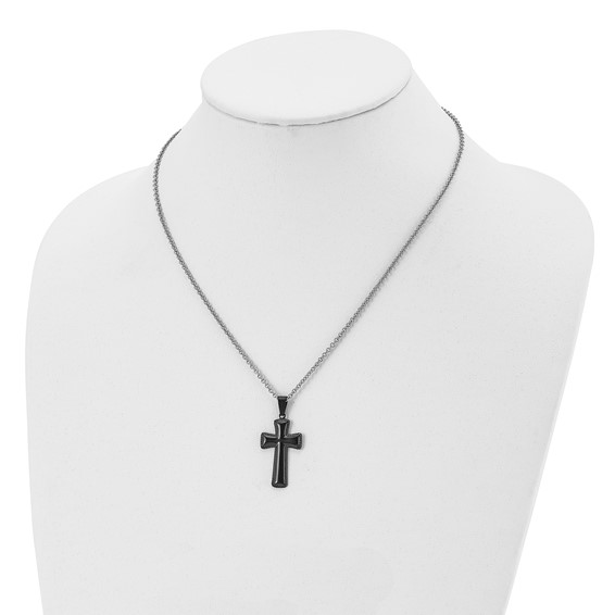 Chisel Stainless Steel Polished Black IP-plated Medium Pillow Cross Pendant on an 18 inch Cable Chain Necklace