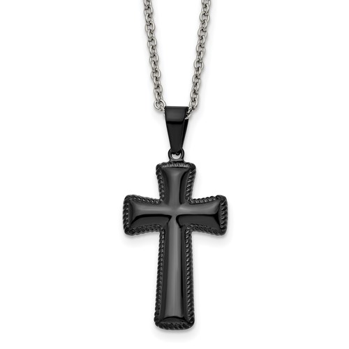 Chisel Stainless Steel Polished Black IP-plated Medium Pillow Cross Pendant on an Cable Chain Necklace, 18"