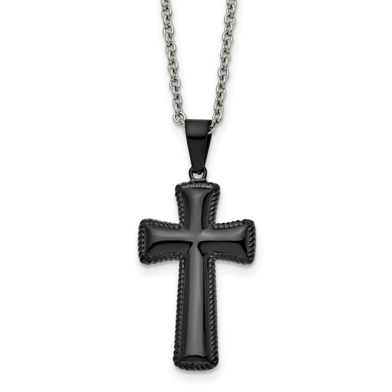 Chisel Stainless Steel Polished Black IP-plated Medium Pillow Cross Pendant on an 18 inch Cable Chain Necklace