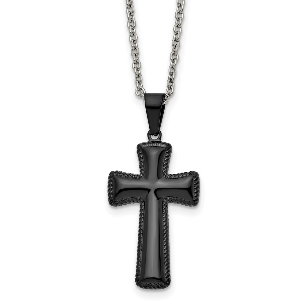 Stainless Steel Polished Black IP-plated Medium Pillow Cross NecklaceSRN1931-18