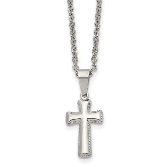 Chisel Stainless Steel Polished Small Pillow Cross Pendant on an 18 inch Cable Chain Necklace