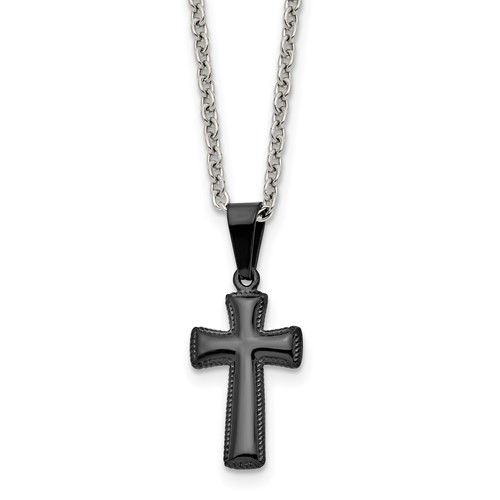 Chisel Stainless Steel Polished Black IP-plated Small Pillow Cross Pendant on a Cable Chain Necklace, 16"