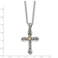 Stainless Steel Antiqued and Polished Yellow IP-plated Cross Necklace, 24" view 3