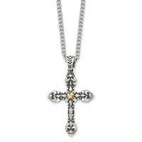 Stainless Steel Antiqued and Polished Yellow IP-plated Cross Necklace, 24" view 1
