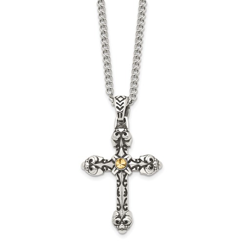 Stainless Steel Antiqued and Polished Yellow IP-plated Cross Necklace, 24"