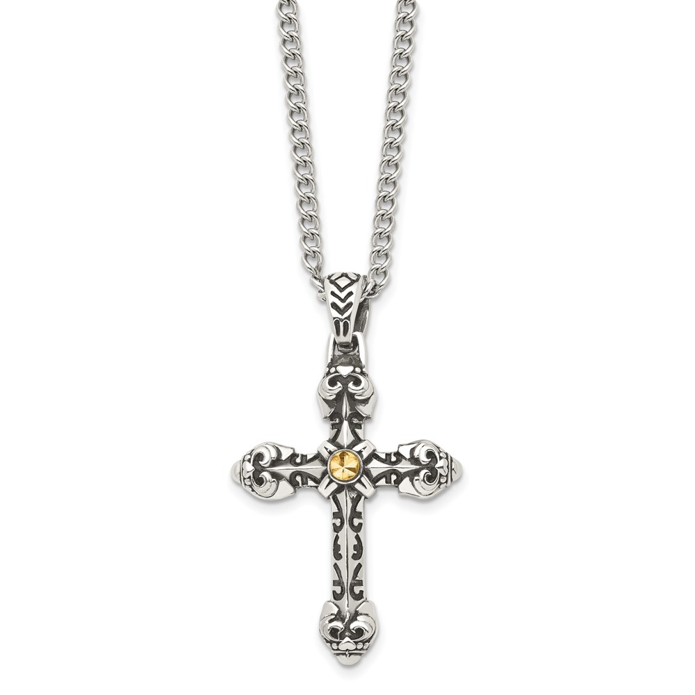 Stainless Steel Antiqued and Polished Yellow IP-plated Cross 24in Necklace