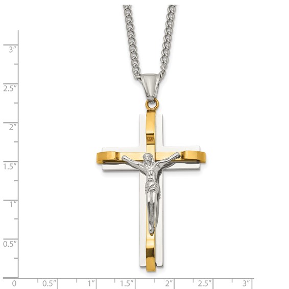 Chisel Stainless Steel Polished Yellow IP-plated Crucifix Pendant on a 24 inch Curb Chain Necklace