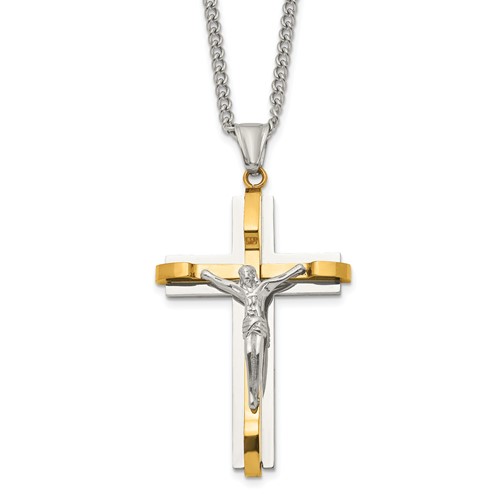 Chisel Stainless Steel Polished Yellow IP-plated Crucifix Pendant on a Curb Chain Necklace, 24"