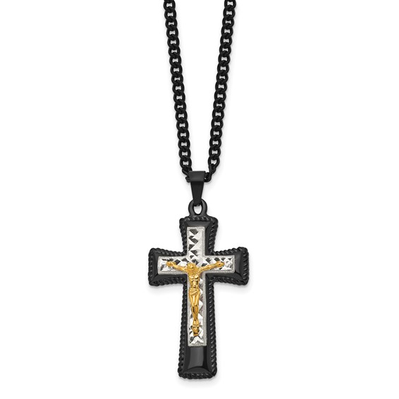 "Chisel Stainless Steel Polished Black IP-plated, Gold-plated and Silver-Plated Brass Crucifix on a 24 inch Curb Chain Necklace"