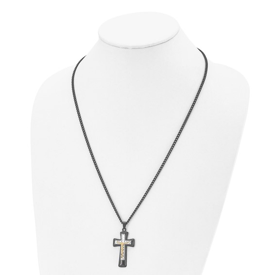 "Chisel Stainless Steel Polished Black IP-plated, Gold-plated and Silver-Plated Brass Crucifix on a 24 inch Curb Chain Necklace"