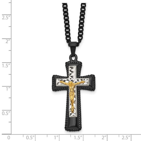 "Chisel Stainless Steel Polished Black IP-plated, Gold-plated and Silver-Plated Brass Crucifix on a 24 inch Curb Chain Necklace"