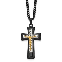 Chisel Stainless Steel Polished Black IP-plated, Gold-plated and Silver-Plated Brass Crucifix on a Curb Chain Necklace, 24" view 1