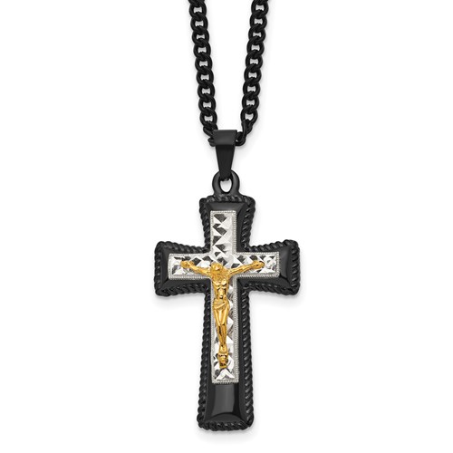 Chisel Stainless Steel Polished Black IP-plated, Gold-plated and Silver-Plated Brass Crucifix on a Curb Chain Necklace, 24"