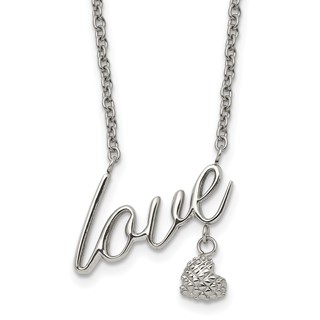 Stainless Steel Polished and Textured LOVE 16.5in w/4in ext Necklace
