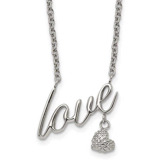 Stainless Steel Polished and Textured LOVE 16.5in w/4in ext Necklace