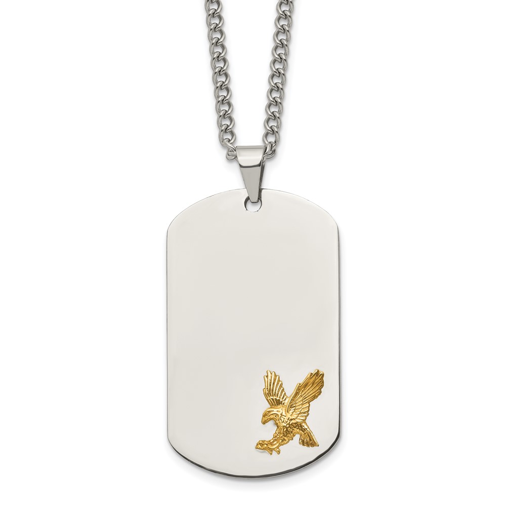 Stainless Steel Polished Yellow IP-plated Eagle Dog Tag 24in Necklace
