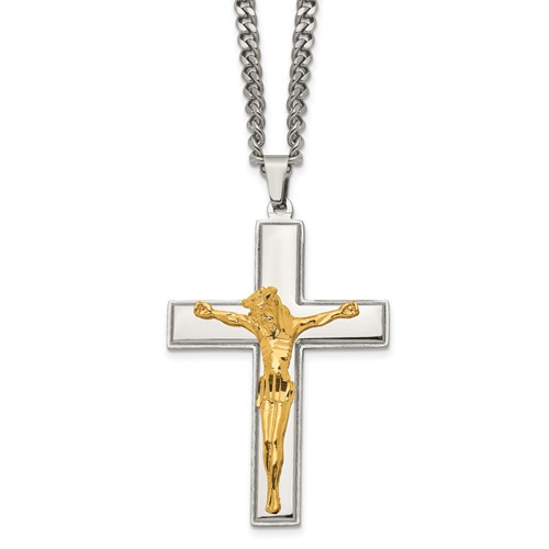 Chisel Stainless Steel Polished Yellow IP-plated Crucifix Pendant on a Curb Chain Necklace, 24"
