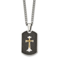 Chisel Stainless Steel Polished Necklace with Sterling Silver and Carbon Fiber Inlay Yellow IP-plated Cross on a Curb Chain, 24" view 1