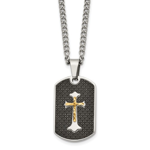 Chisel Stainless Steel Polished Necklace with Sterling Silver and Carbon Fiber Inlay Yellow IP-plated Cross on a Curb Chain, 24"