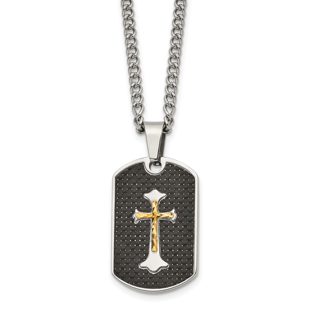 Stainless Steel w/Sterling & Carbon Fiber Inlay Yellow IP Cross Necklace